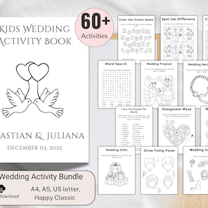 May include: A Kids Wedding Activity Book with over 60 activities. The cover features two doves holding heart-shaped balloons. Includes word searches, mazes, and coloring pages. The names Sebastian & Juliana and the date December 03, 2025 are also displayed.