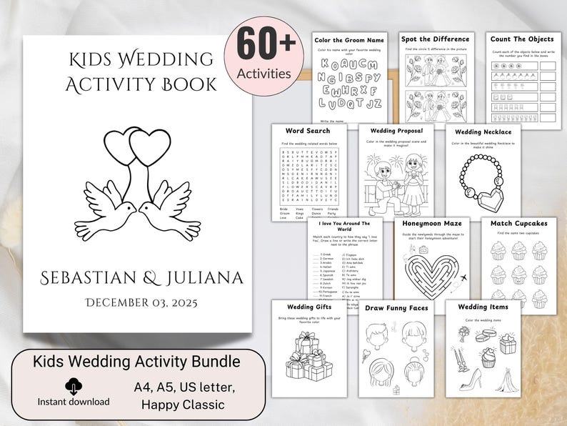 Puede incluir: Un libro de actividades de boda para ni&ntilde;os con m&aacute;s de 60 actividades. La portada presenta dos palomas con globos en forma de coraz&oacute;n. Incluye b&uacute;squedas de palabras, laberintos y p&aacute;ginas para colorear. Tambi&eacute;n se muestran los nombres de Sebasti&aacute;n y Juliana y la fecha 03 de diciembre de 2025.