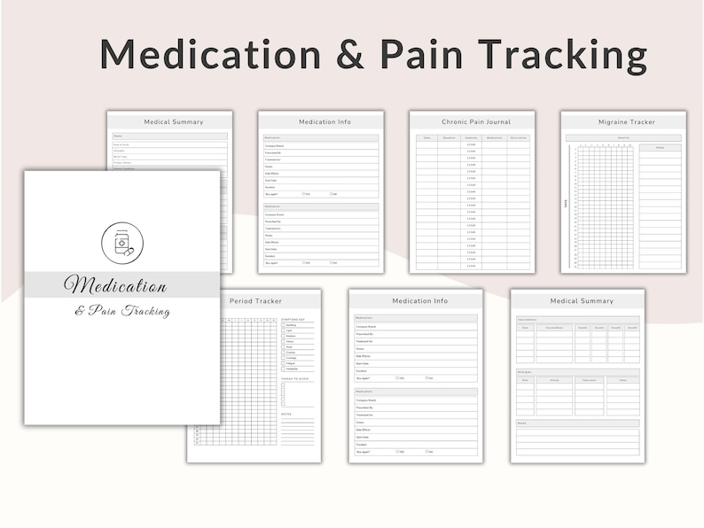 May include: A set of printable templates for tracking medication and pain, including medical summaries, medication information, chronic pain journals, migraine trackers, and period trackers. The title "Medication & Pain Tracking" is visible.