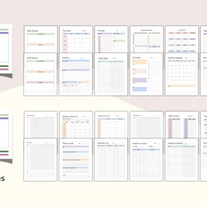 May include: A collection of 12-page printable planner sheets. The pages include daily, weekly, and monthly planners, task lists, and fitness trackers. Each page has a white background with pastel color accents and the word "Plans" on the cover.