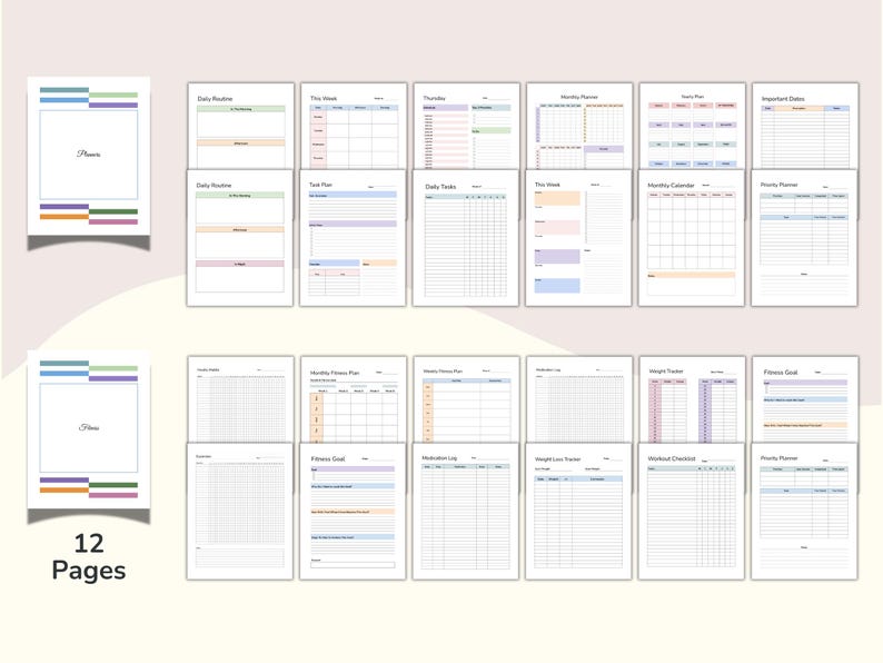 May include: A collection of 12-page printable planner sheets. The pages include daily, weekly, and monthly planners, task lists, and fitness trackers. Each page has a white background with pastel color accents and the word "Plans" on the cover.