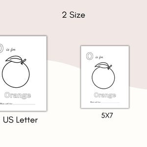 May include: Two white cards with black line drawings of an orange, labeled "O is for Orange." The cards are labeled "US Letter" and "5X7" to indicate the size options. The text "2 Size" is at the top.