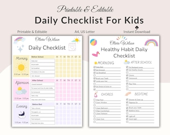 May include: Printable and editable daily checklist for kids. The design includes two checklists: one for daily tasks and another for healthy habits. Each checklist features a pastel color scheme, illustrations, and a weekly schedule.