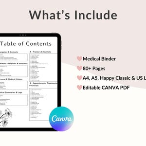 May include: A digital tablet shows a medical binder's table of contents, including emergency contacts, medical history, and trackers. The image also shows the text "What's Include", "Medical Binder", "80+ Pages", "A4, A5, Happy Classic & US Letter", and "Editable CANVA PDF".