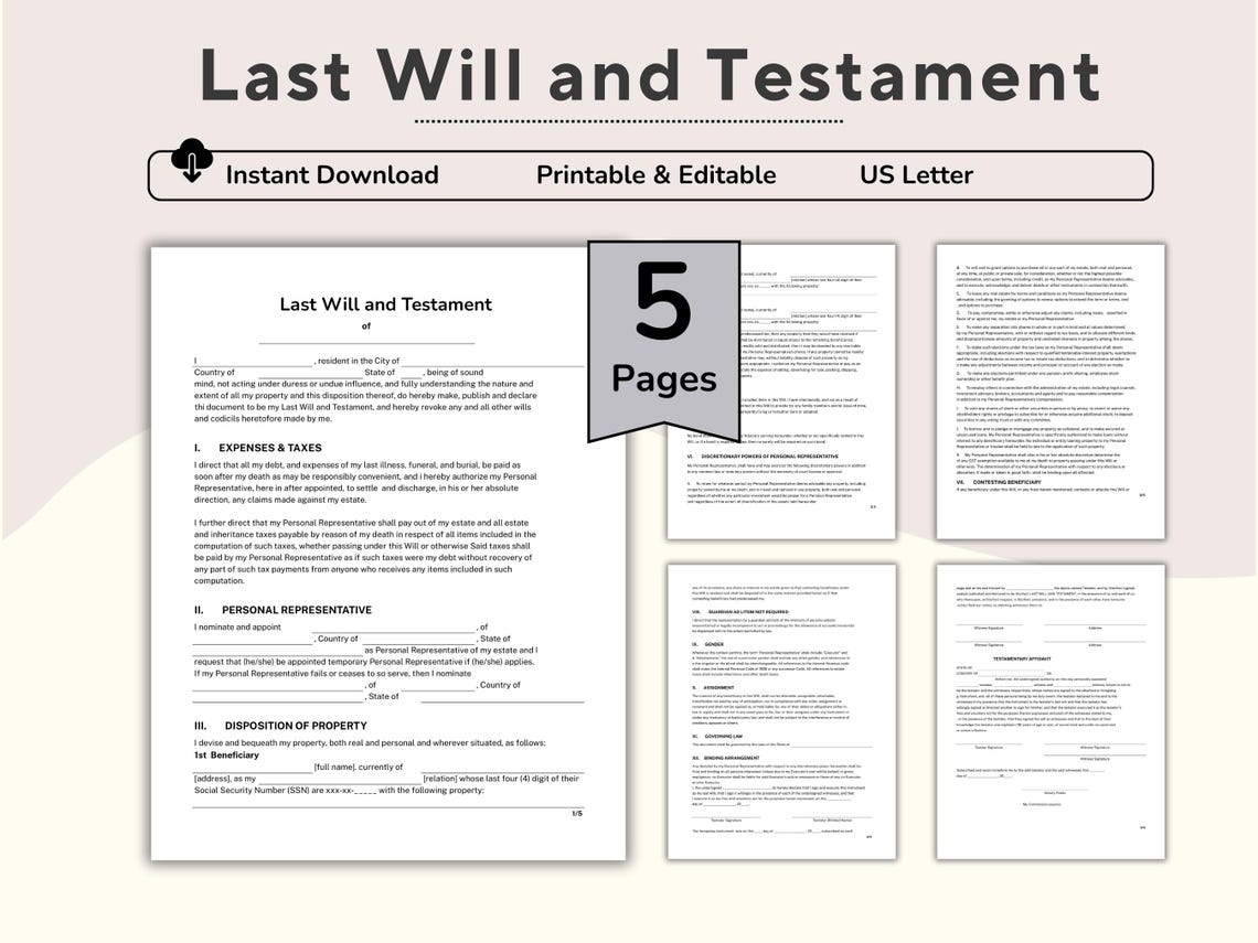 Last Will and Testament, End of Life Planner, Legal Document, Simple