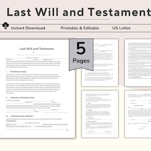 May include: A printable and editable "Last Will and Testament" document, available for instant download. The document is formatted for US Letter size and includes 5 pages. The title is displayed in a large, bold font.