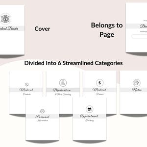 May include: A white medical binder with the text "Medical Binder" and a medical symbol. The binder is divided into 6 streamlined categories: Medical Contacts, Medication & Pill Tracking, Medical Finance, Notes, Personal Information, and Appointment Tracking.