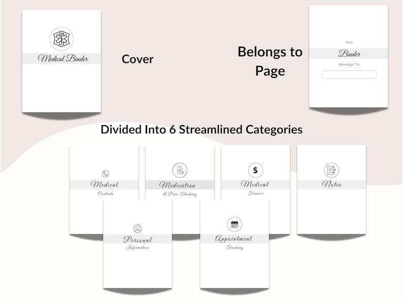 May include: A white medical binder with the text "Medical Binder" and a medical symbol. The binder is divided into 6 streamlined categories: Medical Contacts, Medication & Pill Tracking, Medical Finance, Notes, Personal Information, and Appointment Tracking.