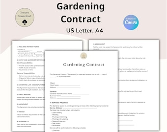 Bewerkbare sjabloon tuincontract, serviceovereenkomst landschapsarchitectuur, contract voor gazononderhoud, landschapsarchitectuurbedrijf, overeenkomst tuinonderhoud, Canva