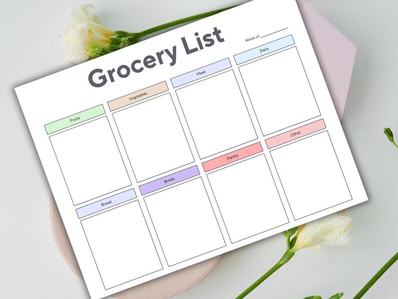 Op de afbeelding: Een witte, bedrukte boodschappenlijst met secties voor fruit, groenten, vlees, zuivel, brood, drankjes, voorraadkast en overige. De titel "Grocery List" is donkergrijs. Op een witte achtergrond met bloemen.