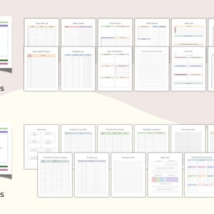 May include: A collection of printable planner pages, including a habit tracker, daily planner, and goal planner. The pages are organized into two sets: a 23-page productivity plan and a 10-page emergency information plan. Each page has a clean, minimalist design.