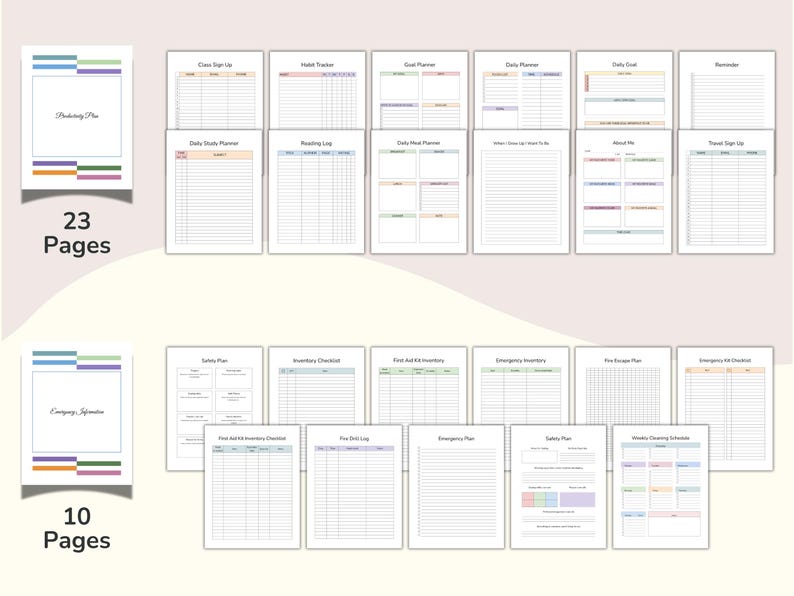 May include: A collection of printable planner pages, including a habit tracker, daily planner, and goal planner. The pages are organized into two sets: a 23-page productivity plan and a 10-page emergency information plan. Each page has a clean, minimalist design.