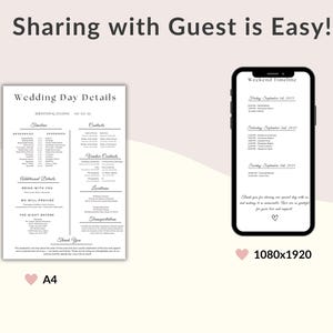 May include: A wedding details template with the text "Sharing with Guest is Easy!". The image shows a printed A4 document and a smartphone displaying a wedding timeline. The document includes the names "Sebastian & Juliana" and a wedding timeline.