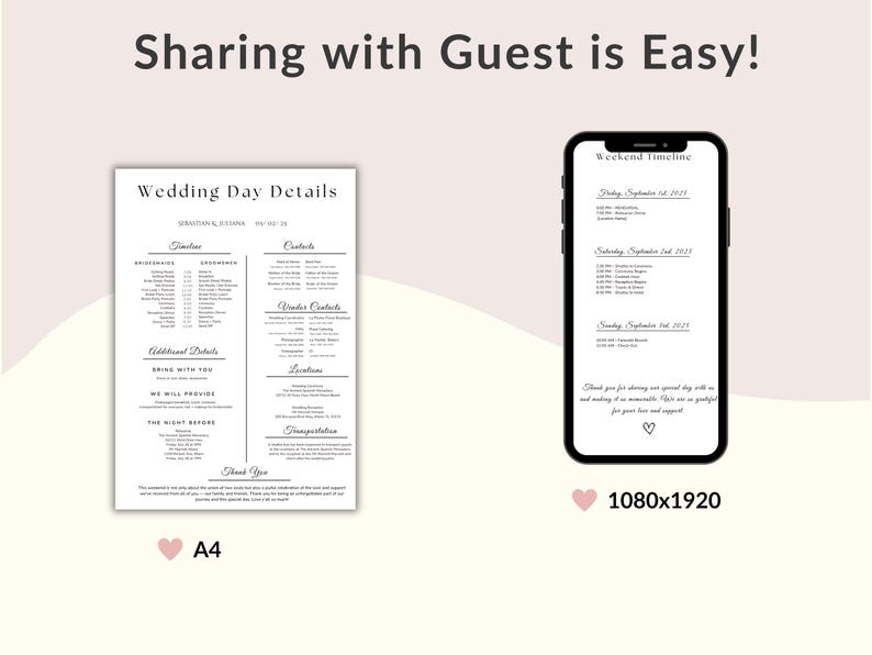 May include: A wedding details template with the text "Sharing with Guest is Easy!". The image shows a printed A4 document and a smartphone displaying a wedding timeline. The document includes the names "Sebastian & Juliana" and a wedding timeline.
