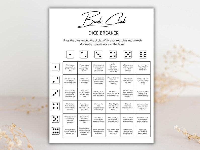 May include: A black and white Book Club Dice Breaker game. The game features dice with discussion questions. The text reads "Book Club" and "Dice Breaker". The game is designed to spark conversation about books.