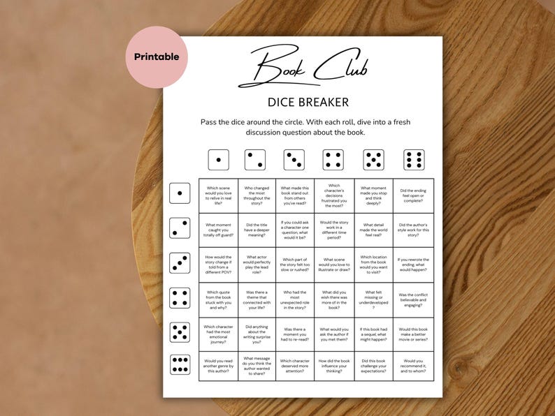 May include: A printable Book Club Dice Breaker game on a white background. The game features a grid of discussion questions and dice icons. A pink circle with the word "Printable" is in the upper left corner. The game is designed to facilitate book discussions.