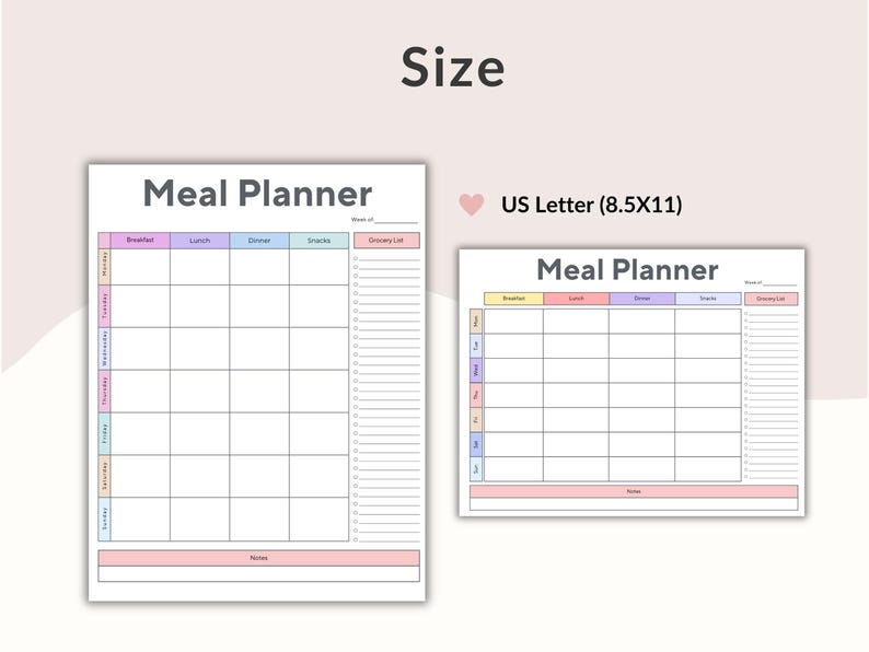 Op de afbeelding: Twee maaltijdplanners, &eacute;&eacute;n groot en &eacute;&eacute;n klein, met de tekst "Meal Planner" bovenaan. De grotere planner heeft een wekelijkse indeling met secties voor maaltijden en een boodschappenlijst. De kleinere planner is US Letter formaat (21,6 x 27,9 cm).