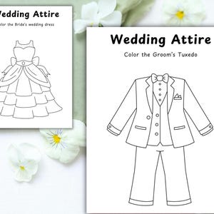 Puede incluir: Dos p&aacute;ginas para colorear en blanco y negro con el texto "Wedding Attire". Una presenta un vestido de novia, la otra un esmoquin con pajarita, chaleco y pantal&oacute;n. Los textos dicen "Color the Bride's wedding dress" y "Color the Groom's Tuxedo".