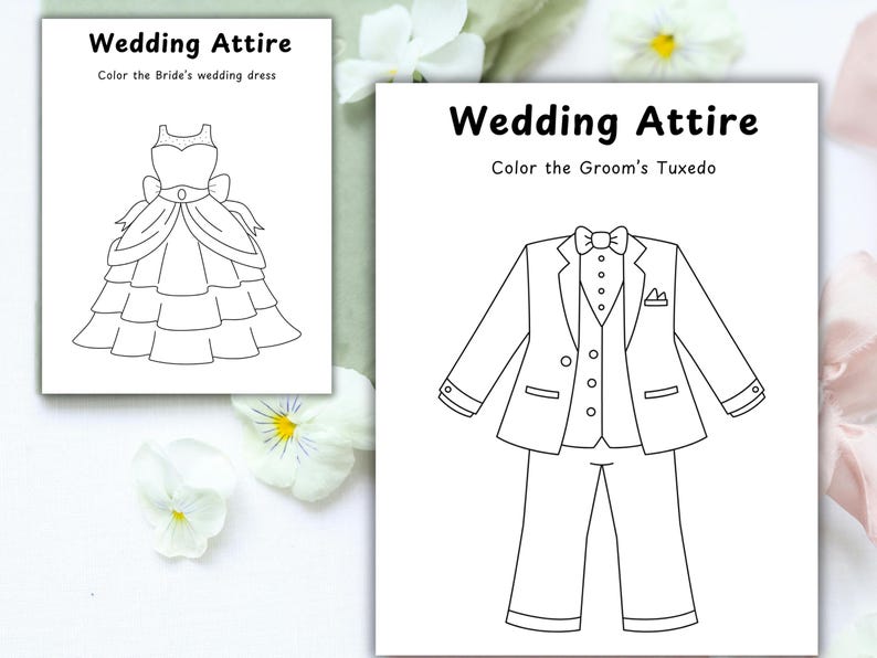 Puede incluir: Dos p&aacute;ginas para colorear en blanco y negro con el texto "Wedding Attire". Una presenta un vestido de novia, la otra un esmoquin con pajarita, chaleco y pantal&oacute;n. Los textos dicen "Color the Bride's wedding dress" y "Color the Groom's Tuxedo".