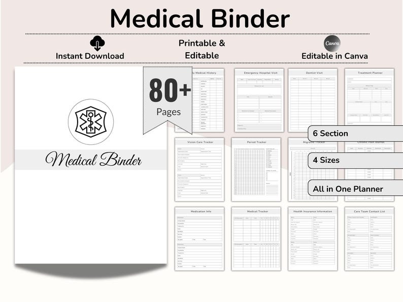 May include: A digital medical binder with printable and editable pages. The design includes the text "Medical Binder", "Instant Download", and "80+ Pages". It features a medical symbol and is available in 4 sizes and 6 sections.