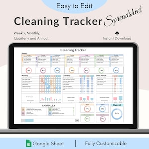 May include: A laptop displays a digital cleaning tracker spreadsheet. The spreadsheet is organized by weekly, monthly, quarterly, and annual tasks. Text on the screen includes "Easy to Edit", "Instant Download", and "Google Sheet".