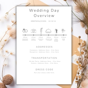May include: A minimalist wedding day overview card with the text "Wedding Day Overview" and a timeline of events. The card includes the names "Sebastian & Juliana" and the date "05/02/25". Decorative dried flowers and seeds surround the card.