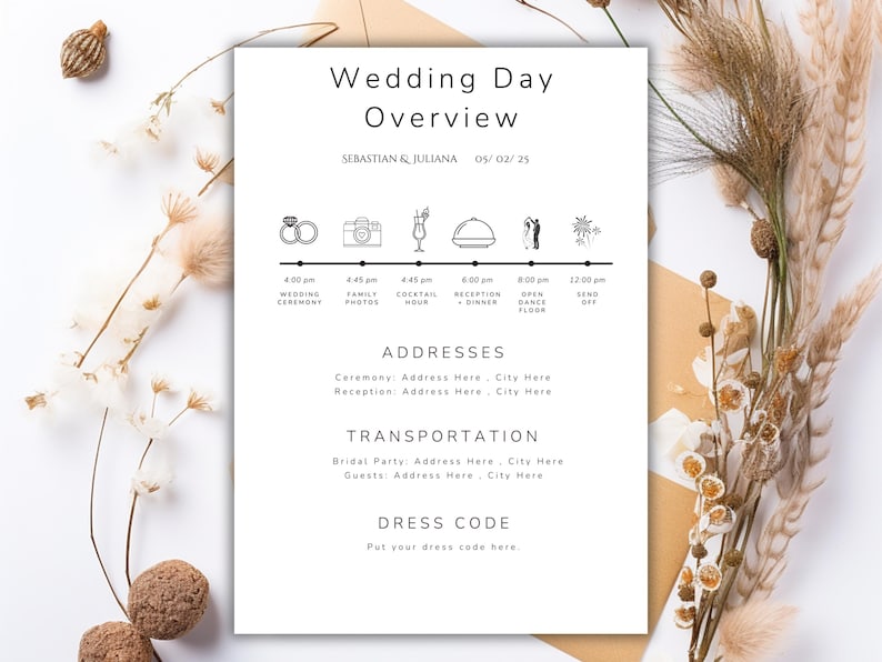 May include: A minimalist wedding day overview card with the text "Wedding Day Overview" and a timeline of events. The card includes the names "Sebastian & Juliana" and the date "05/02/25". Decorative dried flowers and seeds surround the card.