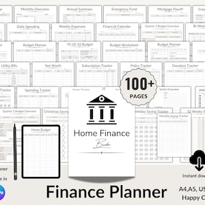 Puede incluir: Un planificador financiero digital con más de 100 páginas, que incluye rastreadores de presupuesto, pagos de deudas y registros de ahorro. La imagen muestra una tableta con "Home Budget", un bolígrafo y una carpeta con el texto "Home Finance Binder".