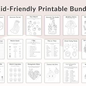 Puede incluir: Un paquete imprimible en blanco y negro titulado "Kid-Friendly Printable Bundle". El paquete incluye varias actividades tem&aacute;ticas de boda como "Decorate The Donut", "Match Game" y "Wedding Gifts".