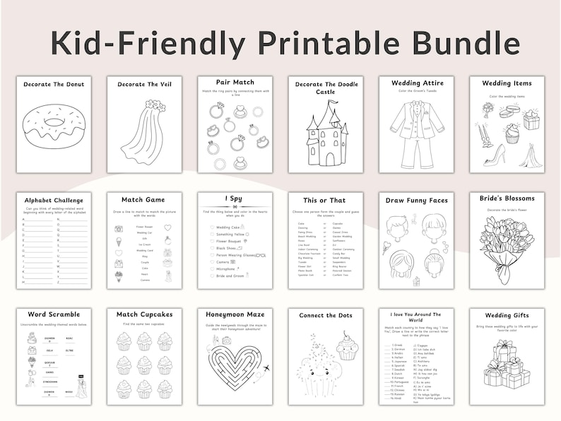 Puede incluir: Un paquete imprimible en blanco y negro titulado "Kid-Friendly Printable Bundle". El paquete incluye varias actividades tem&aacute;ticas de boda como "Decorate The Donut", "Match Game" y "Wedding Gifts".