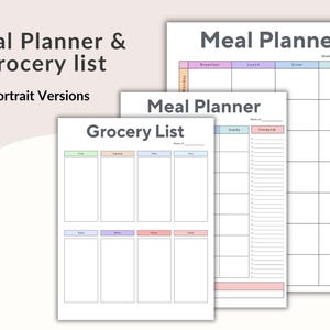 Op de afbeelding: Drie witte papieren vellen met de tekst "Meal Planner & Grocery list" en "Portrait Versions". De vellen bevatten een maaltijdplanner met vakken voor elke dag en een boodschappenlijst met secties voor verschillende voedselcategorie&euml;n.