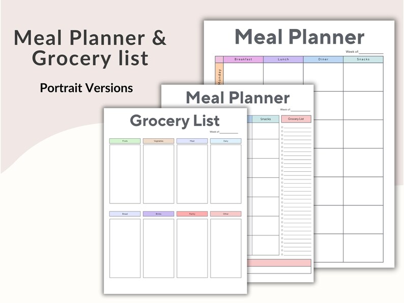 Op de afbeelding: Drie witte papieren vellen met de tekst "Meal Planner & Grocery list" en "Portrait Versions". De vellen bevatten een maaltijdplanner met vakken voor elke dag en een boodschappenlijst met secties voor verschillende voedselcategorie&euml;n.