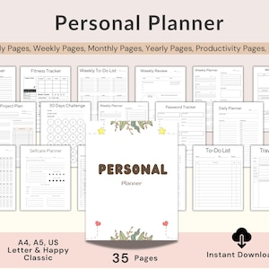 Puede incluir: Un planificador personal digital con plantillas para páginas diarias, semanales y mensuales, además de rastreadores de fitness y listas de tareas. La portada muestra "Personal Planner" con diseños florales. Contiene 35 páginas, descarga instantánea.