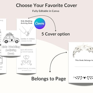 Puede incluir: Imagen que muestra cinco dise&ntilde;os de portada diferentes para un "Kids Wedding Activity Book". Las portadas presentan dibujos lineales de una tarta de boda, un coche, manos que se sostienen, palomas y una c&aacute;mara. Tambi&eacute;n se muestra el texto "Choose Your Favorite Cover" y "Fully Editable in Canva".