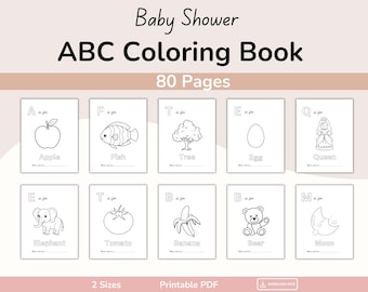 ABC Baby Shower Malbuch, Babys erstes ABC-Buch, Ausmalseiten zum Ausdrucken, Baby Alphabet Buch, Alphabet Aktivitätsseiten, druckbar