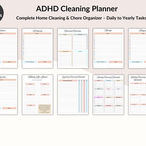 May include: ADHD Cleaning Planner with multiple pages for home organization. Includes sections for outdoor, entryway, seasonal, storage, playroom, laundry, and more. Features daily to yearly task lists.