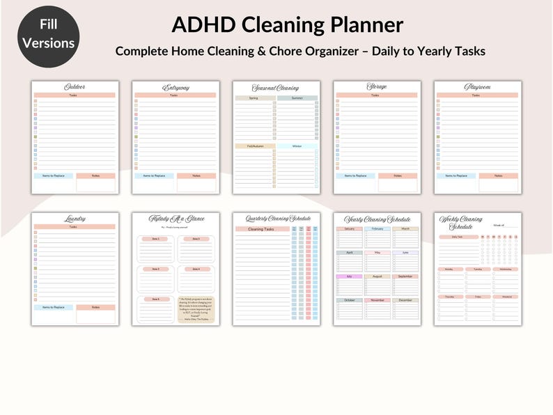 May include: ADHD Cleaning Planner with multiple pages for home organization. Includes sections for outdoor, entryway, seasonal, storage, playroom, laundry, and more. Features daily to yearly task lists.