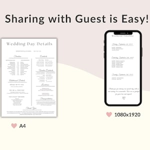 May include: A wedding details template with the text "Sharing with Guest is Easy!". The image shows a printed A4 document and a smartphone displaying a weekend timeline. The document and phone screen have black text on a white background.