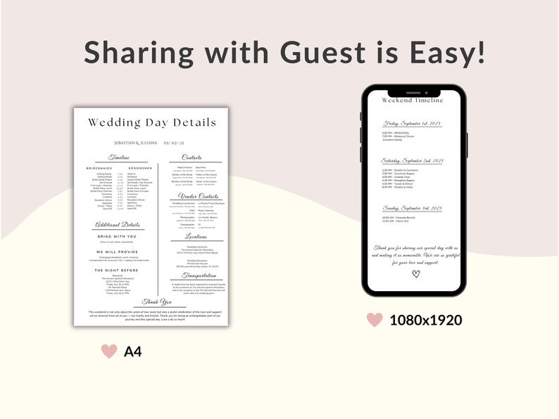 May include: A wedding details template with the text "Sharing with Guest is Easy!". The image shows a printed A4 document and a smartphone displaying a weekend timeline. The document and phone screen have black text on a white background.