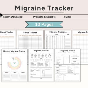 以下が含まれることがあります： 頭痛日記、睡眠トラッカー、月間片頭痛トラッカーなど、10ページを含むデジタル印刷可能な片頭痛トラッカー。デザインは白黒で、薄いベージュの背景です。「インスタントダウンロード」、「印刷可能＆編集可能」、および「4サイズ」というテキストが含まれています。