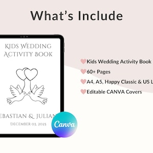 Puede incluir: Un libro de actividades de boda digital para ni&ntilde;os, mostrado en una tableta. La portada presenta dos palomas sosteniendo globos en forma de coraz&oacute;n. Incluye los nombres Sebastian & Julian y la fecha 03 de diciembre de 2025. El texto "What's Include" est&aacute; en la parte superior.