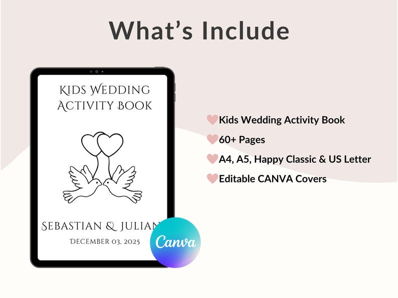 Puede incluir: Un libro de actividades de boda digital para ni&ntilde;os, mostrado en una tableta. La portada presenta dos palomas sosteniendo globos en forma de coraz&oacute;n. Incluye los nombres Sebastian & Julian y la fecha 03 de diciembre de 2025. El texto "What's Include" est&aacute; en la parte superior.