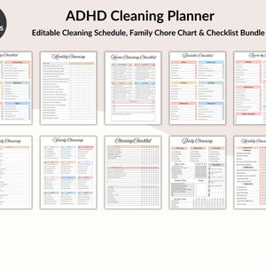 May include: A collection of printable cleaning schedule templates, including laundry, monthly, home, bedroom, and daily checklists. The templates are designed with pastel color-coded sections and the text "ADHD Cleaning Planner".