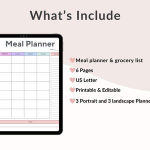 Op de afbeelding: Een digitale maaltijdplanner weergegeven op een zwarte tablet. De planner heeft een wekelijkse indeling met secties voor maaltijden. De tekst "What's Include" staat bovenaan, met details over de functies van de planner.