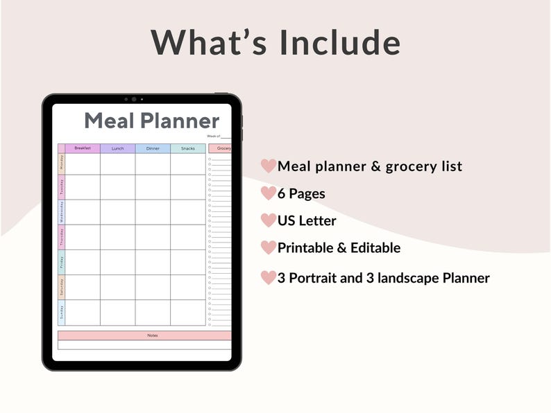 Op de afbeelding: Een digitale maaltijdplanner weergegeven op een zwarte tablet. De planner heeft een wekelijkse indeling met secties voor maaltijden. De tekst "What's Include" staat bovenaan, met details over de functies van de planner.