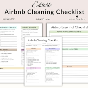 Pode incluir: Um conjunto de listas de verificação de limpeza do Airbnb para impressão. As listas incluem seções para entrada, lavanderia, cozinha, quartos e muito mais. O texto "Airbnb Cleaning Checklist" está no topo, com os rótulos "Editable PDF" e "Instant Download".