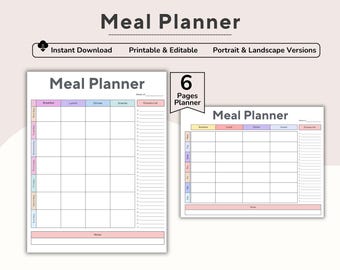 Editable Weekly Meal Planner, Grocery List, Weekly Menu Template, Meal Prep Template, Health Meal Plan, Daily Food Journal, Diet, Printable