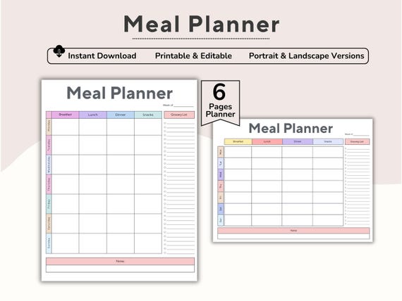 Editable Weekly Meal Planner, Grocery List, Weekly Menu Template, Meal Prep Template, Health Meal Plan, Daily Food Journal, Diet, Printable