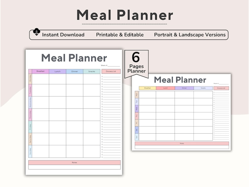 Op de afbeelding: Een digitale maaltijdplanner met een strak, minimalistisch ontwerp. De planner heeft secties voor ontbijt, lunch, diner, snacks en een boodschappenlijst. De tekst "Meal Planner" staat bovenaan.