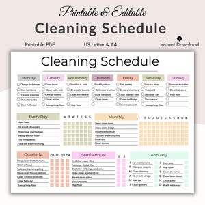 編集可能な掃除スケジュールチェックリスト、家事リスト、掃除のルーティン、週次掃除プラン、ADHD家事チャート、掃除ToDoリスト、Canva